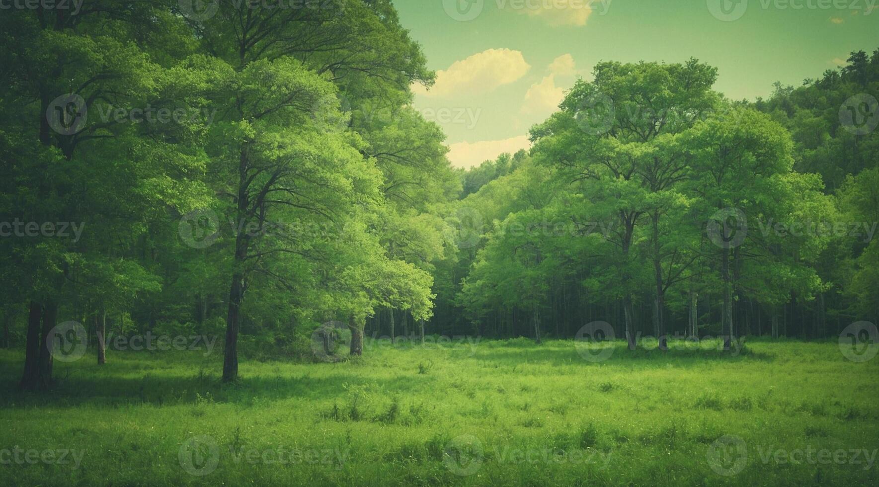 Green forest with trees and grass photo