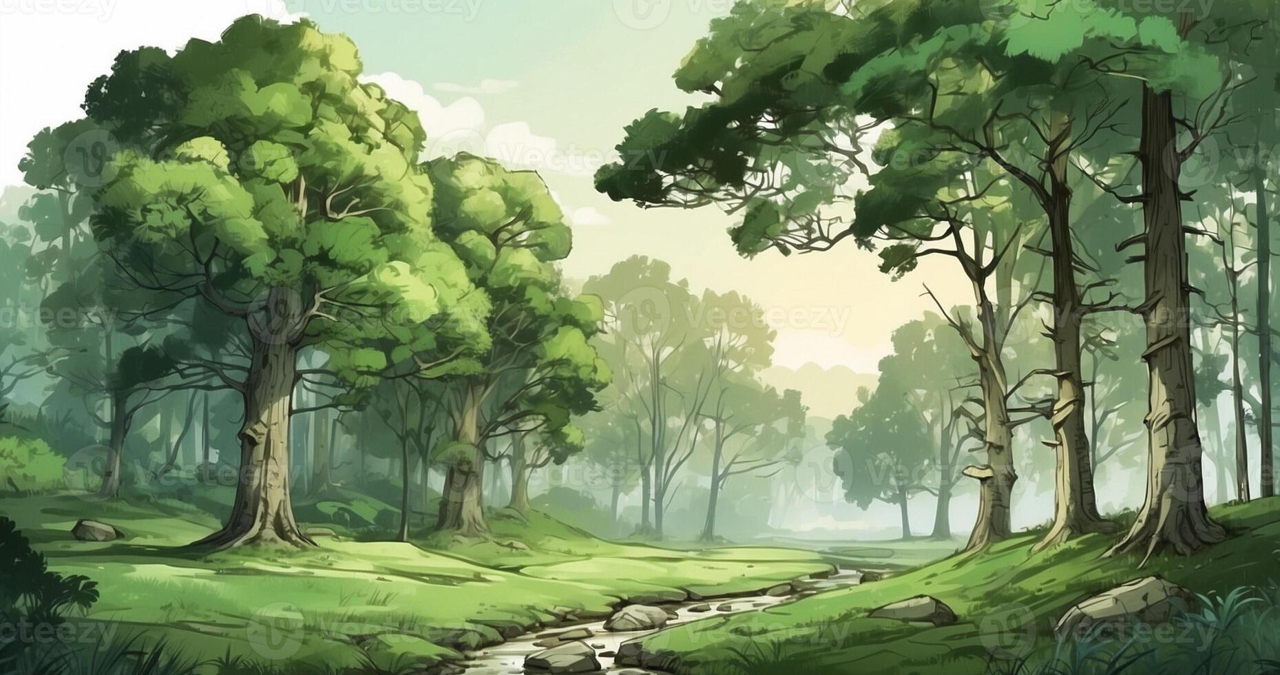 An illustration of a forest with a stream running through it photo