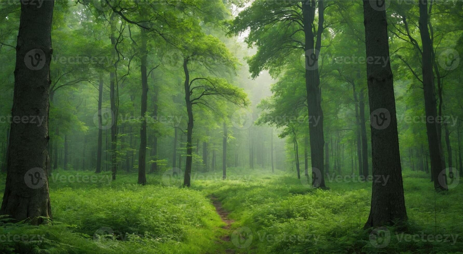 A path through a green forest with trees photo