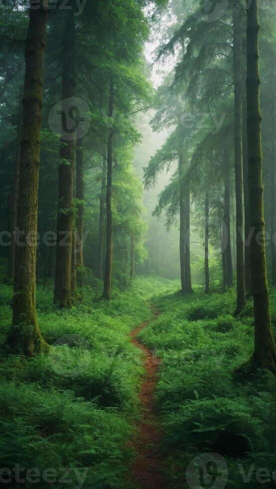 A path through a green forest with tall trees photo