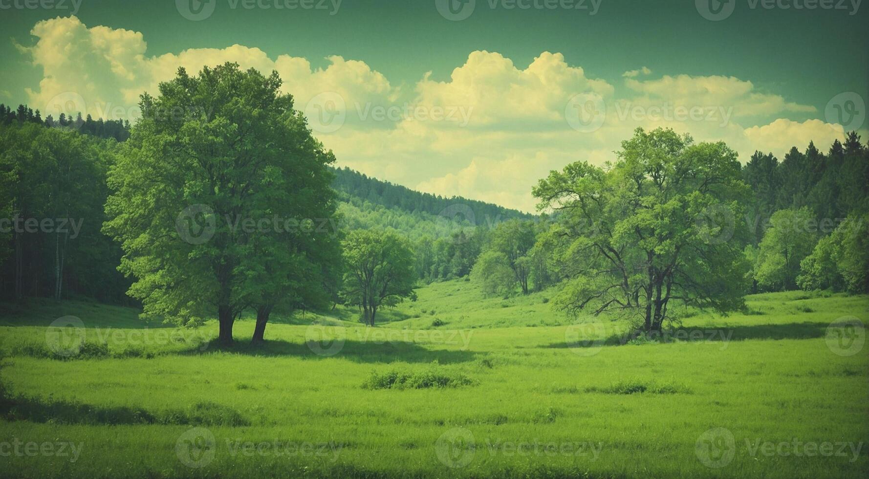 Green grassy field with trees and sky photo
