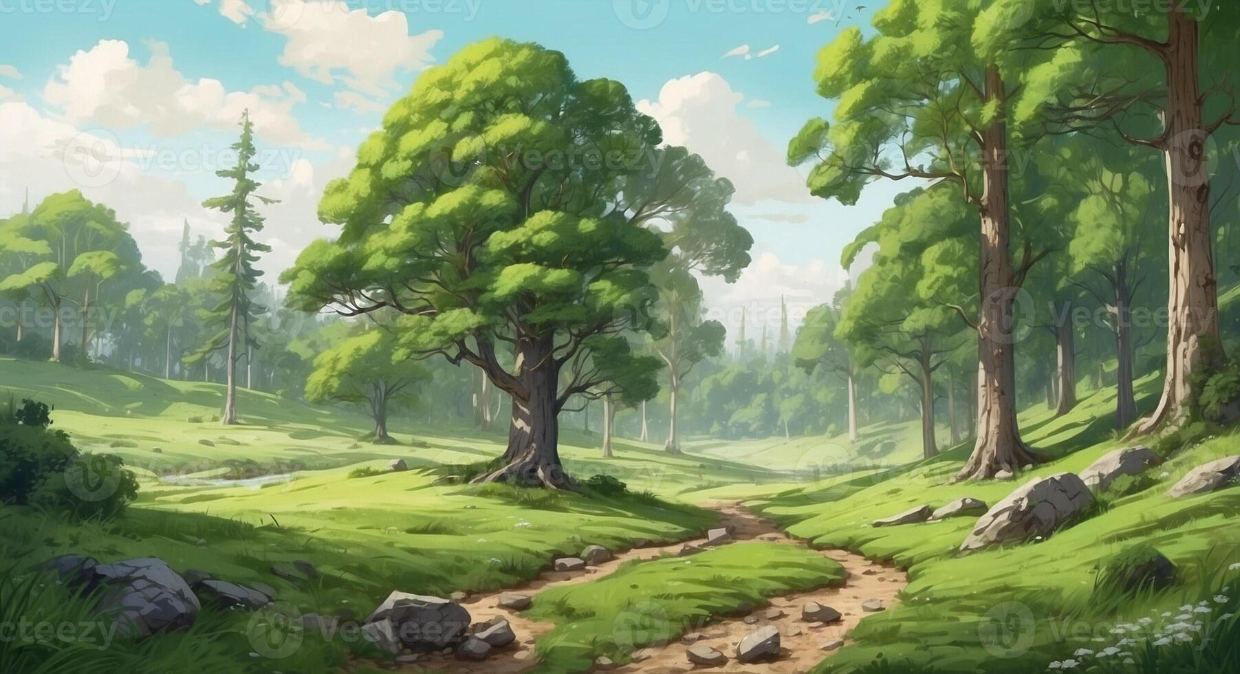 An animated painting of a forest with trees and grass photo