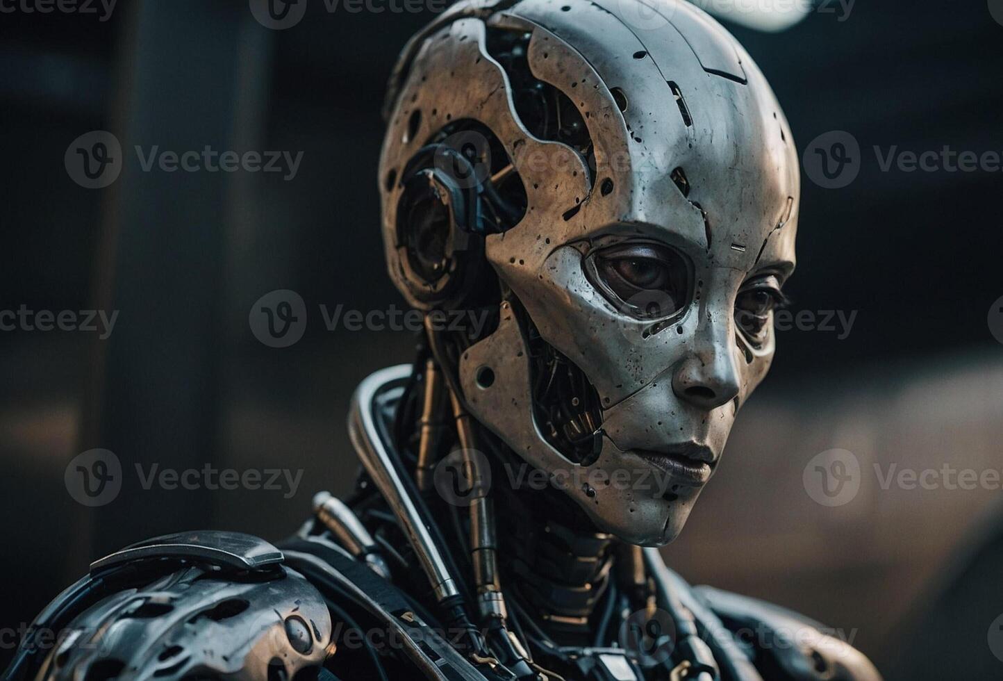 Detailed Close-Up of a Humanoid Robot Head photo