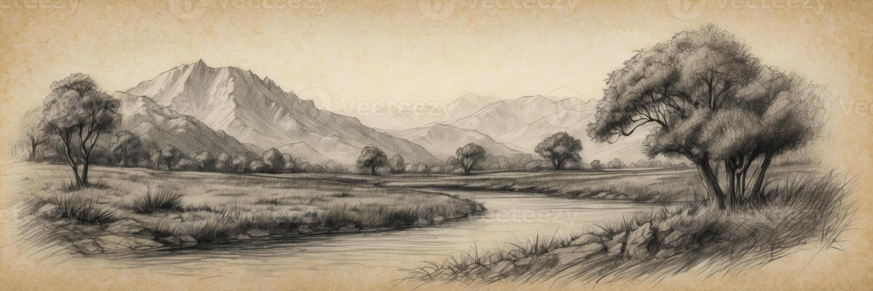 A drawing of a river and mountains photo
