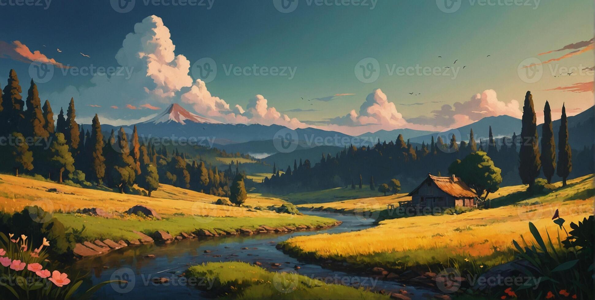 A painting of a mountain landscape with a river and trees photo