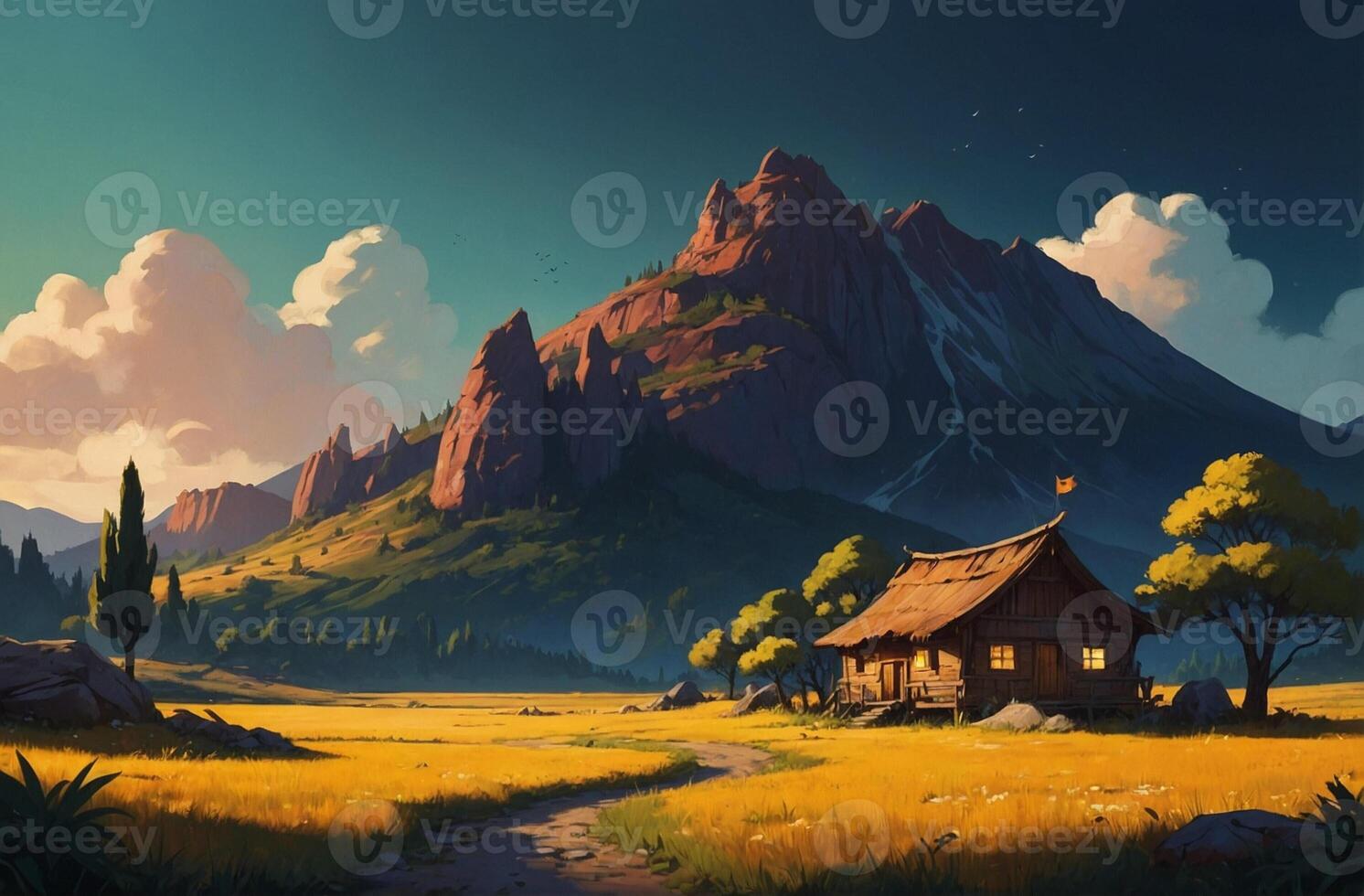 An animated painting of a mountain and a cabin photo