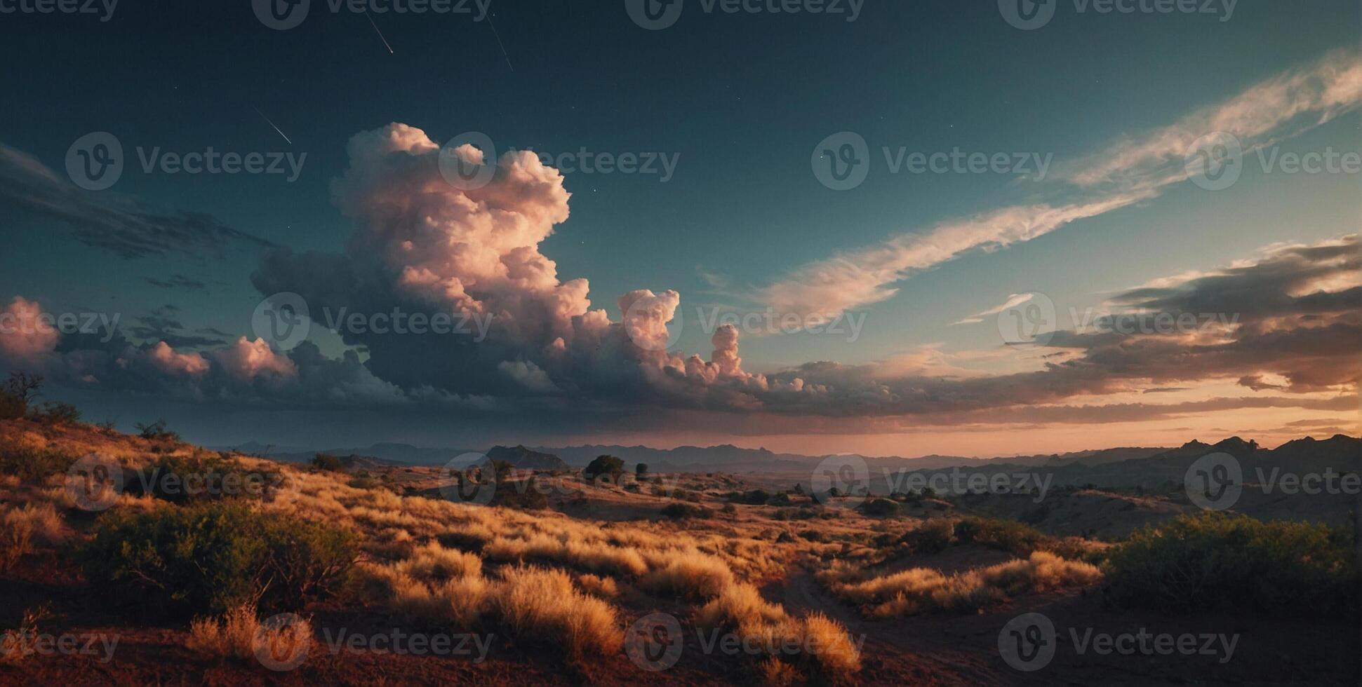 A beautiful sunset over the desert with clouds and grass photo