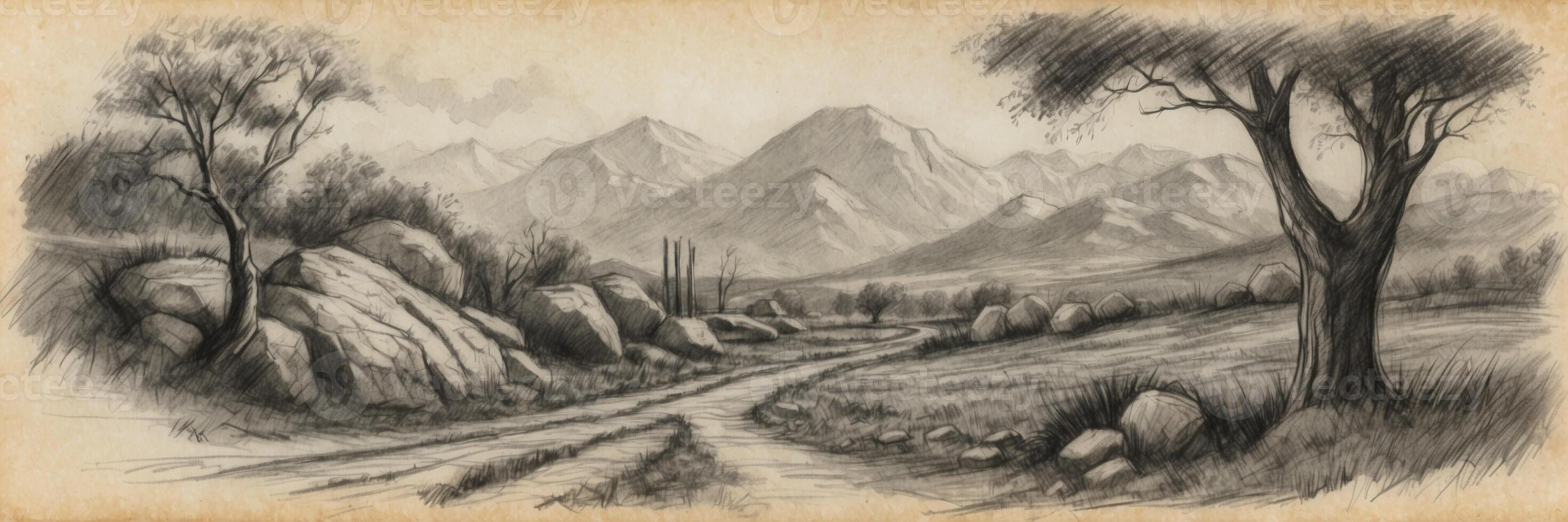 A pencil drawing of a mountain road with trees and rocks photo