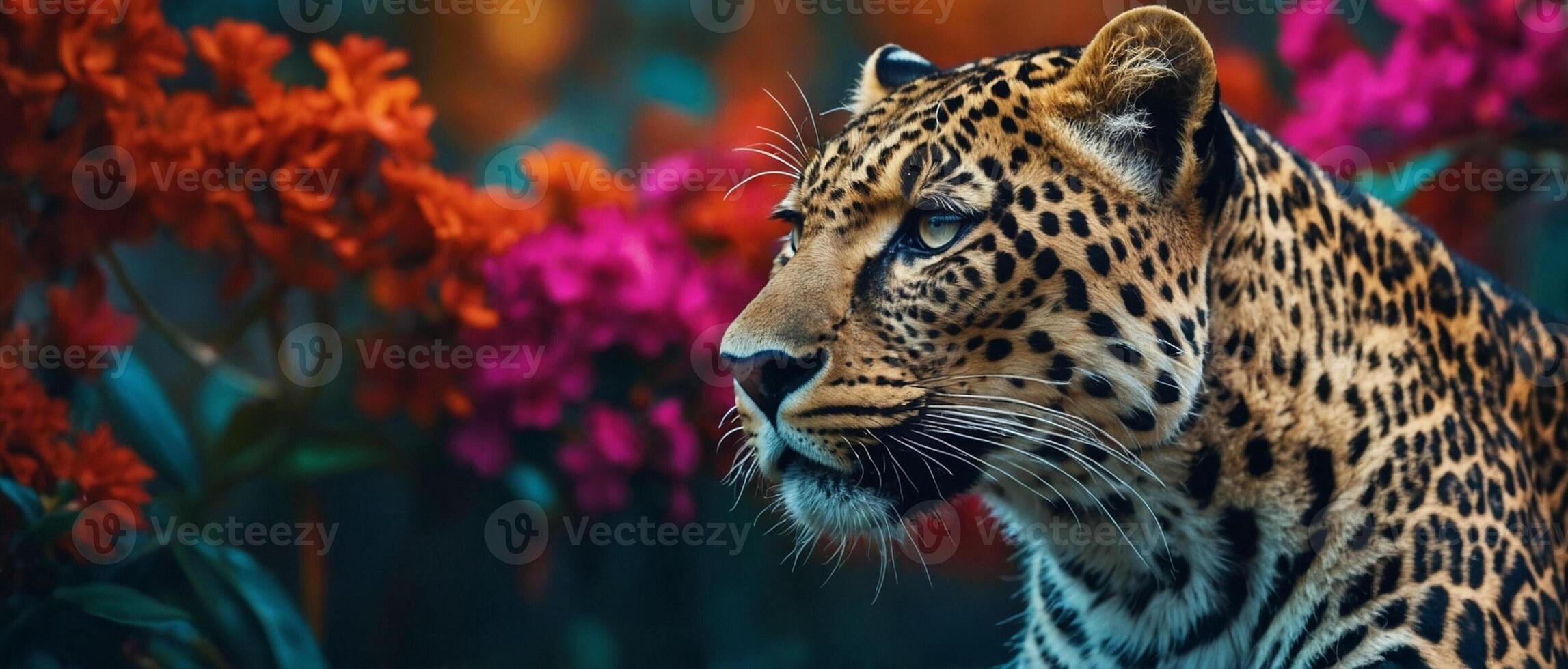 A leopard is standing in front of colorful flowers photo