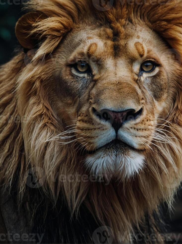 A close up of a lion's face photo