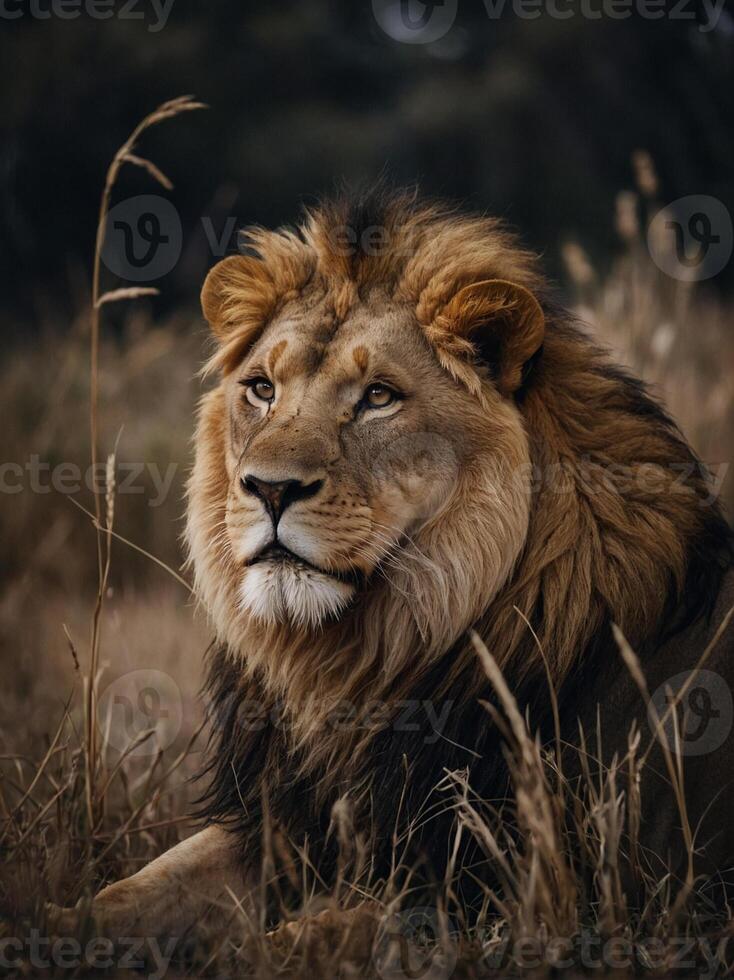 A lion is sitting in the grass photo