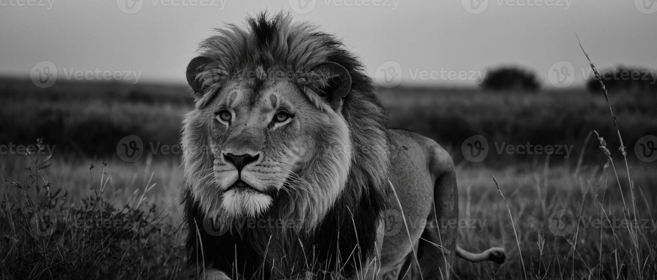 Black and white photo of a lion in the grass