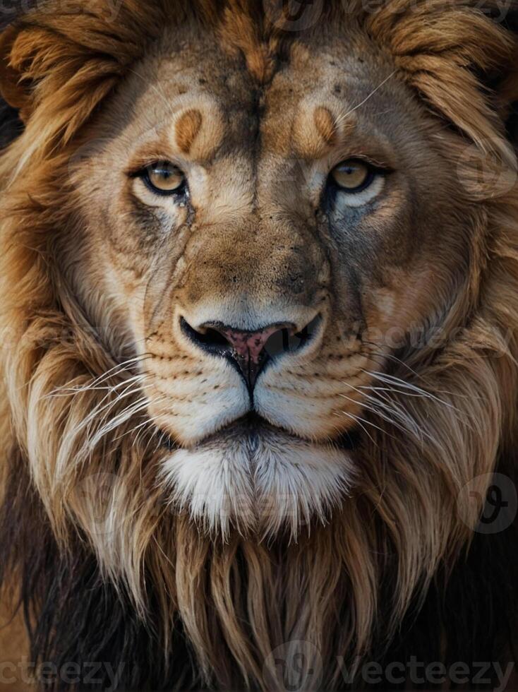 A close up of a lion's face photo