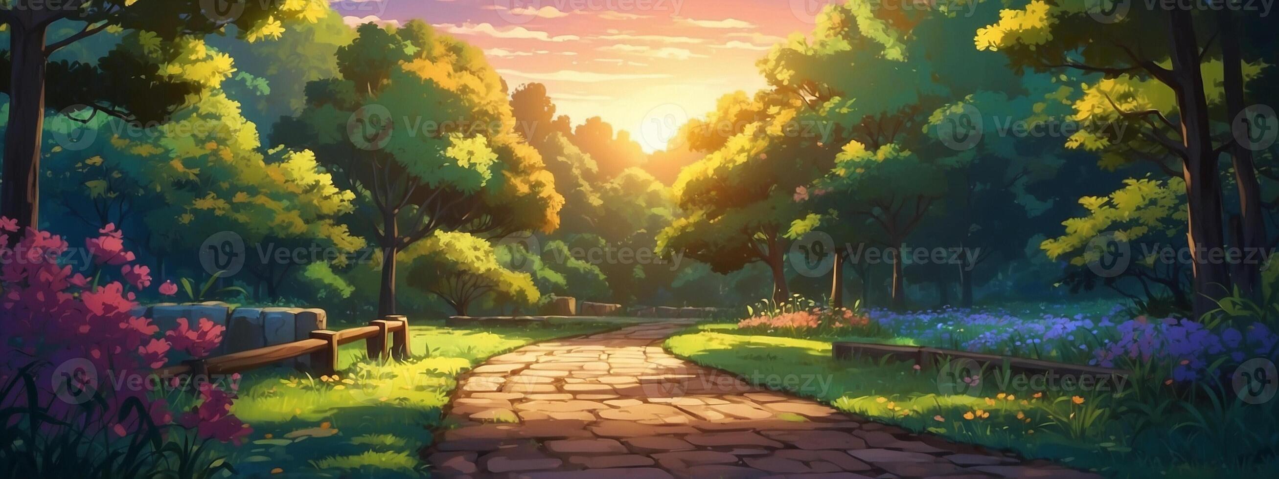 An anime scene with a path leading to a forest photo