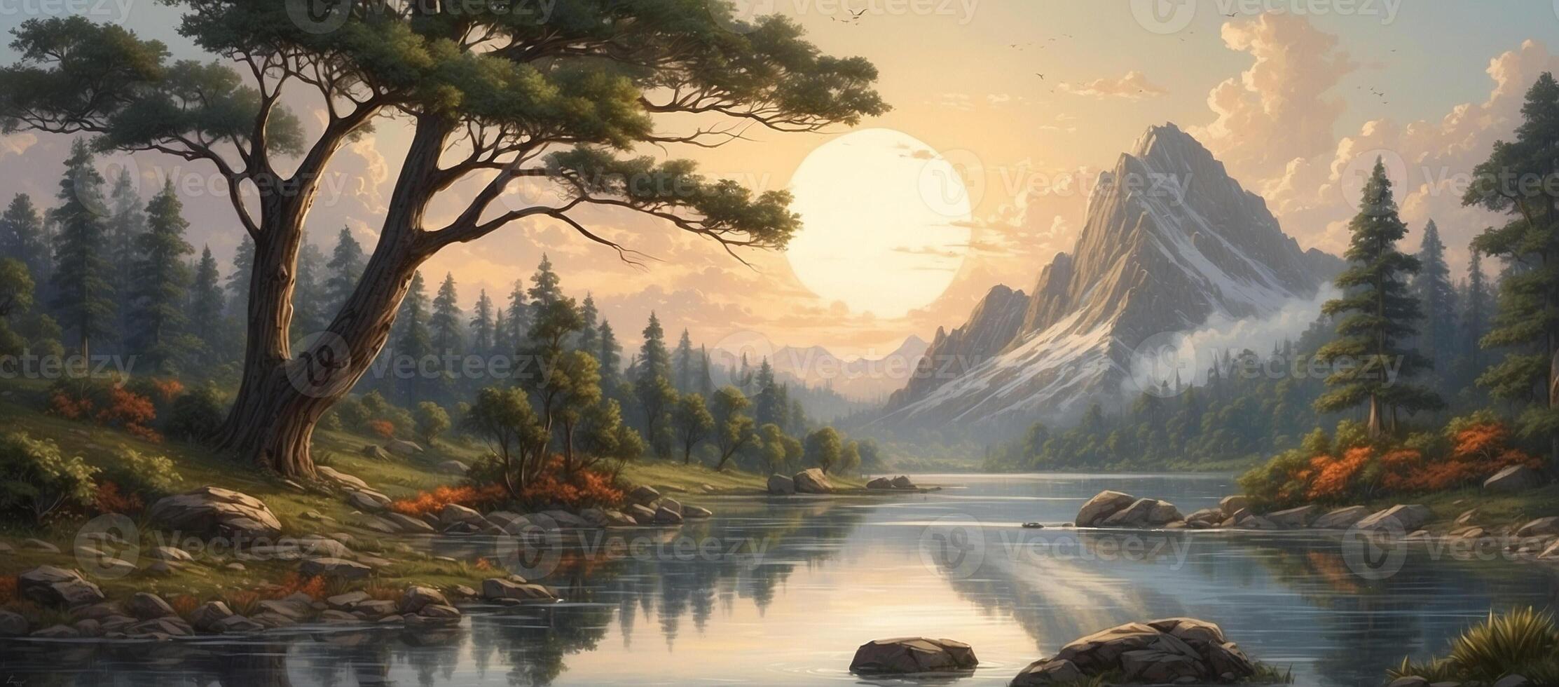 A painting of a mountain river and trees photo
