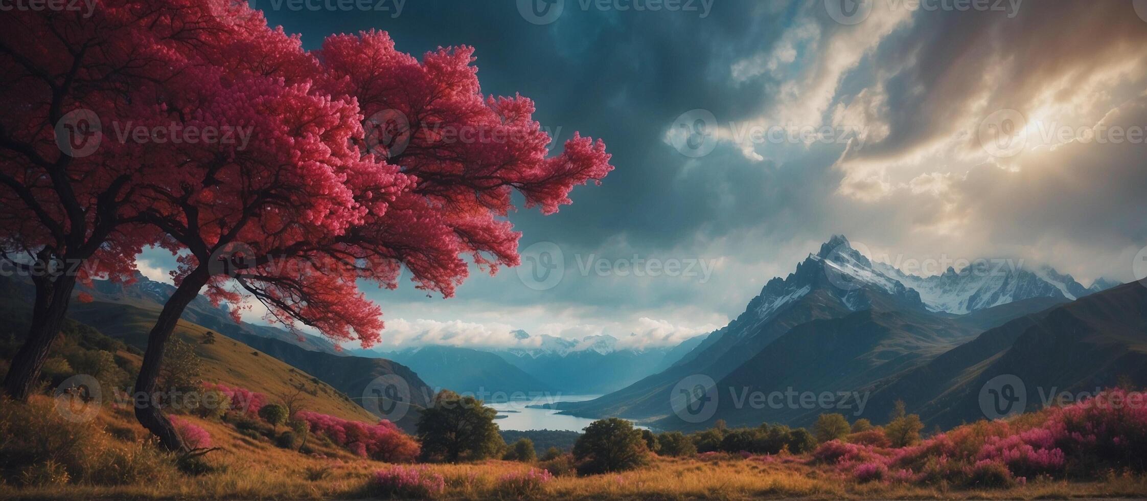 A beautiful landscape with pink trees and mountains photo