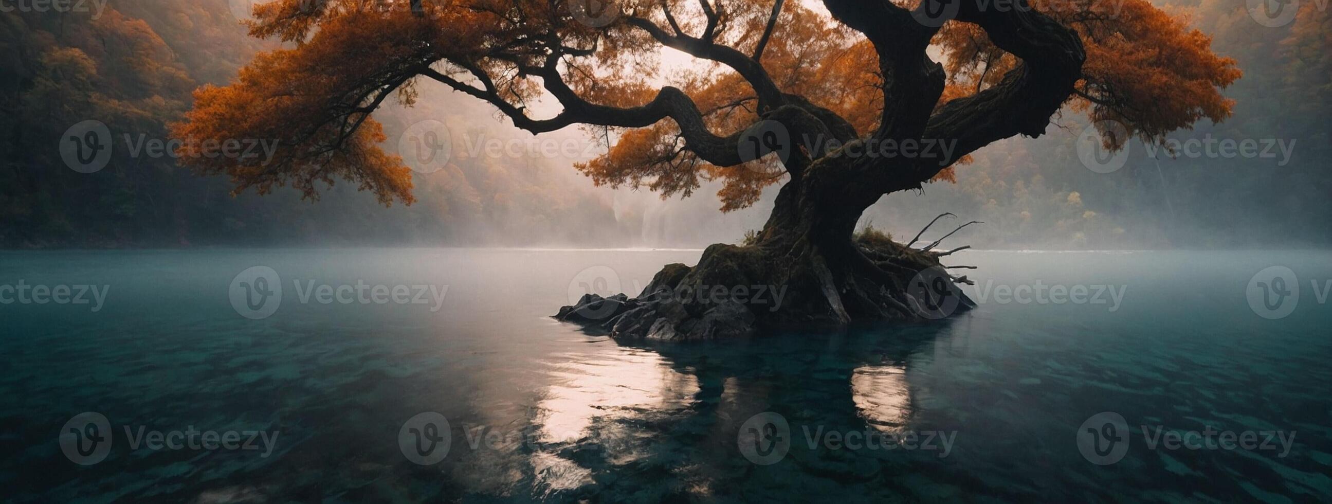 A tree in the middle of a lake with fog photo