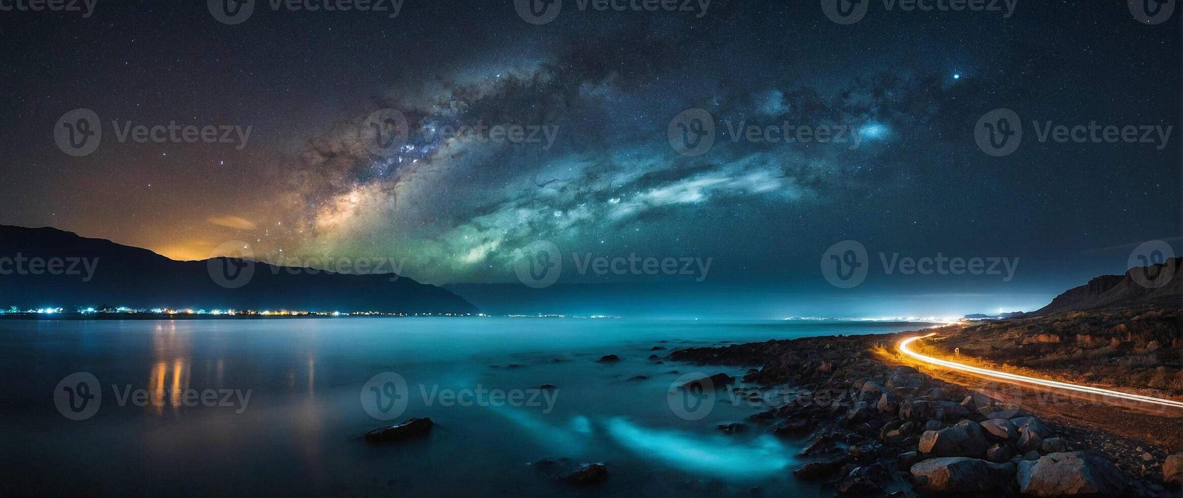 The milky way over the ocean at night photo