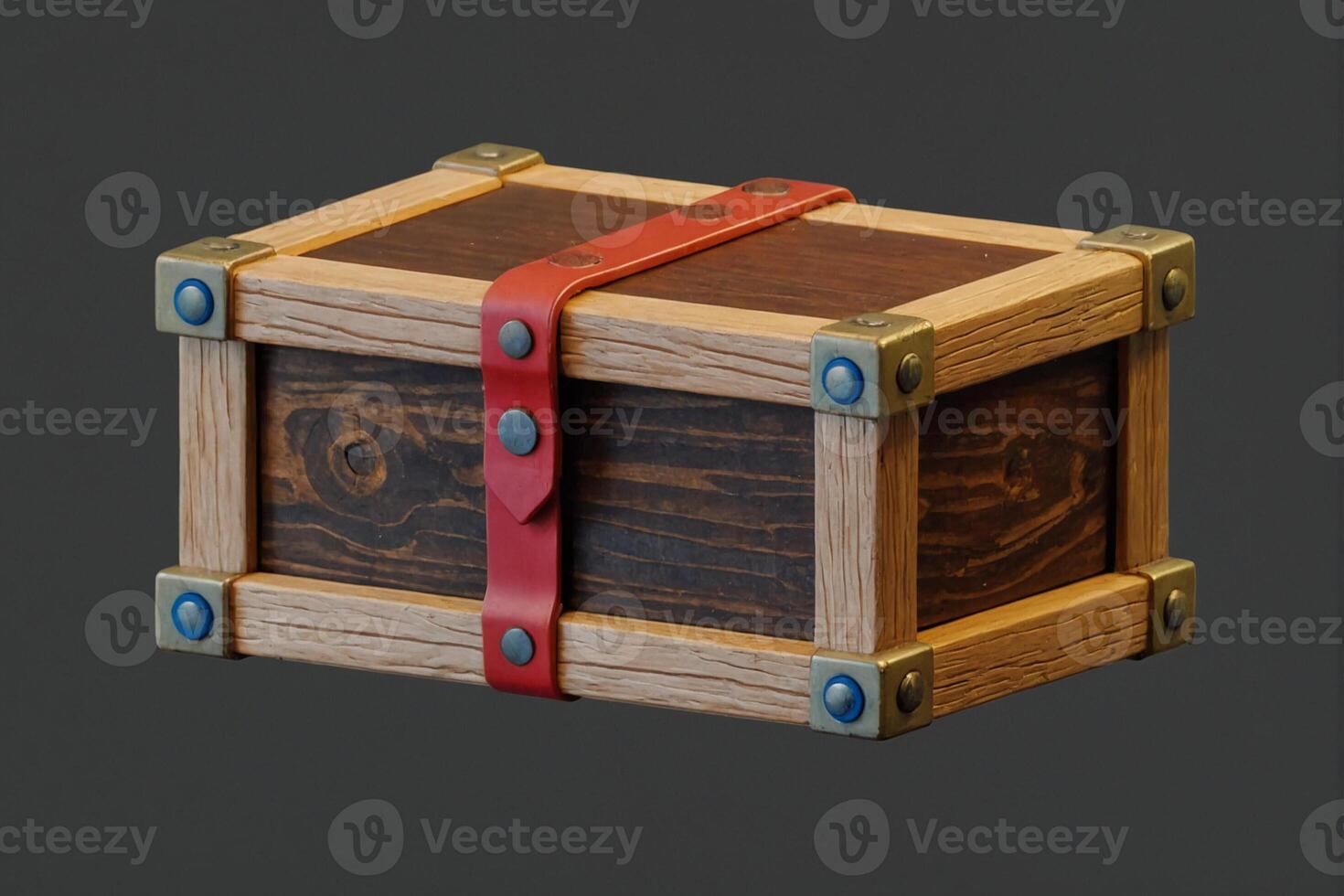 A wooden chest with red straps and a red handle photo