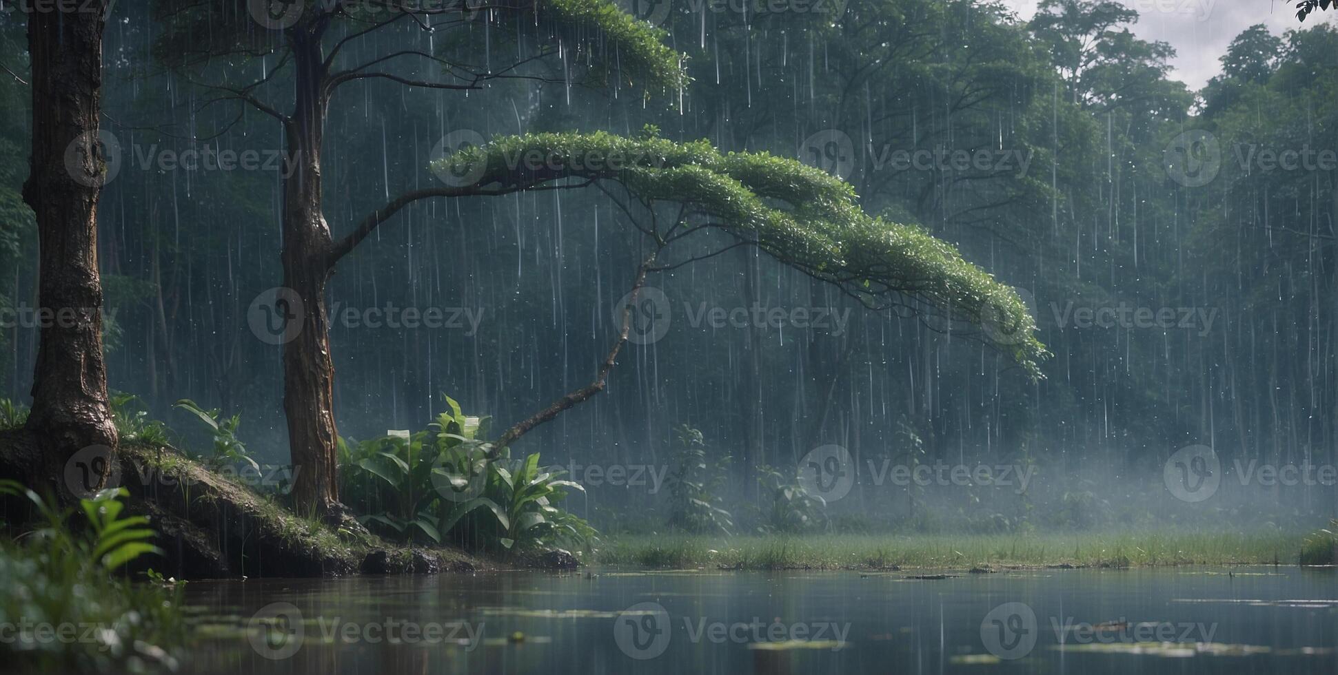 A forest with trees and water in the rain photo