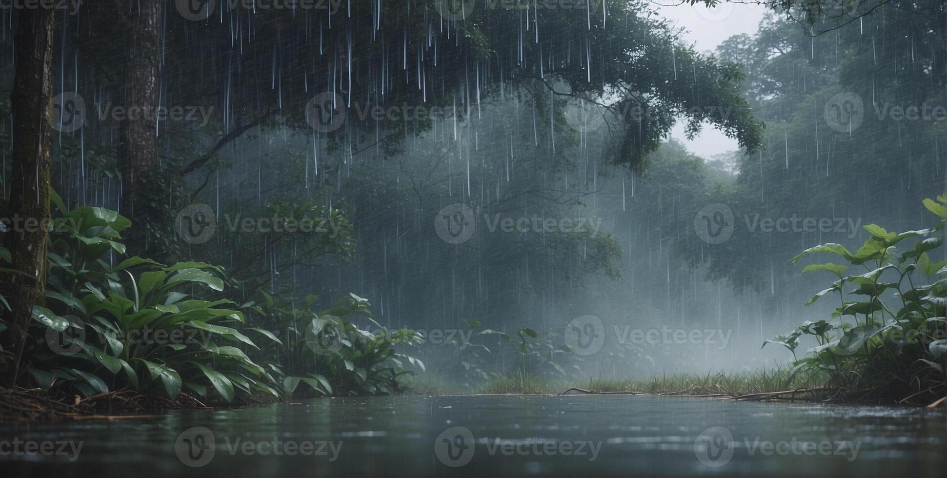 Rainy forest with water and trees photo