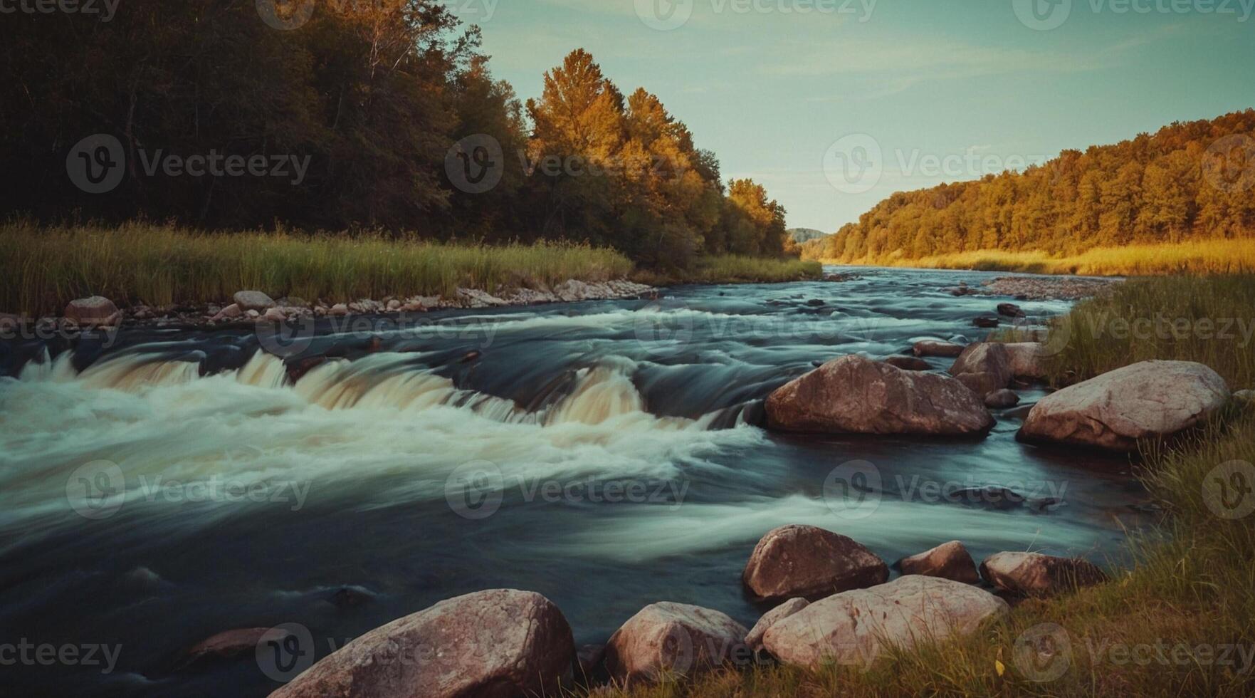 A river flowing through a forest with rocks and grass photo
