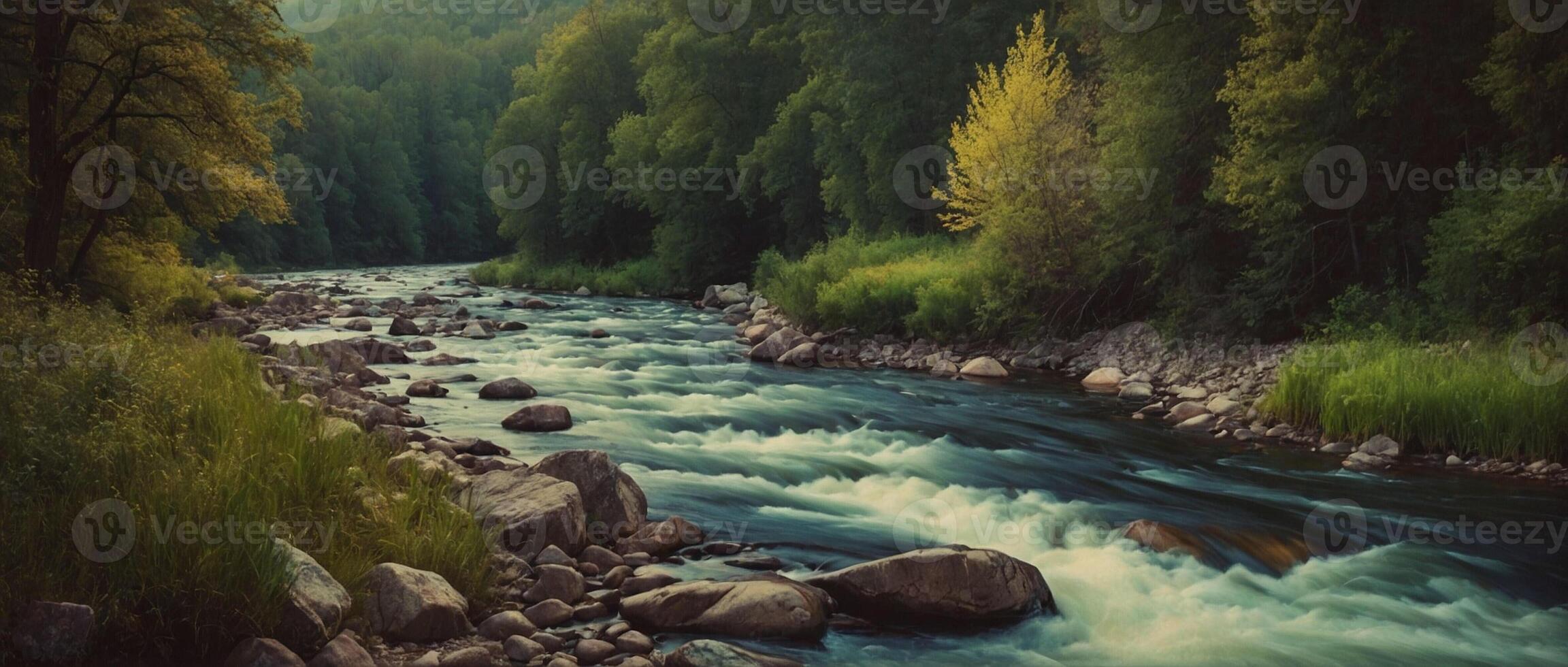 A river running through a forest with rocks and grass photo