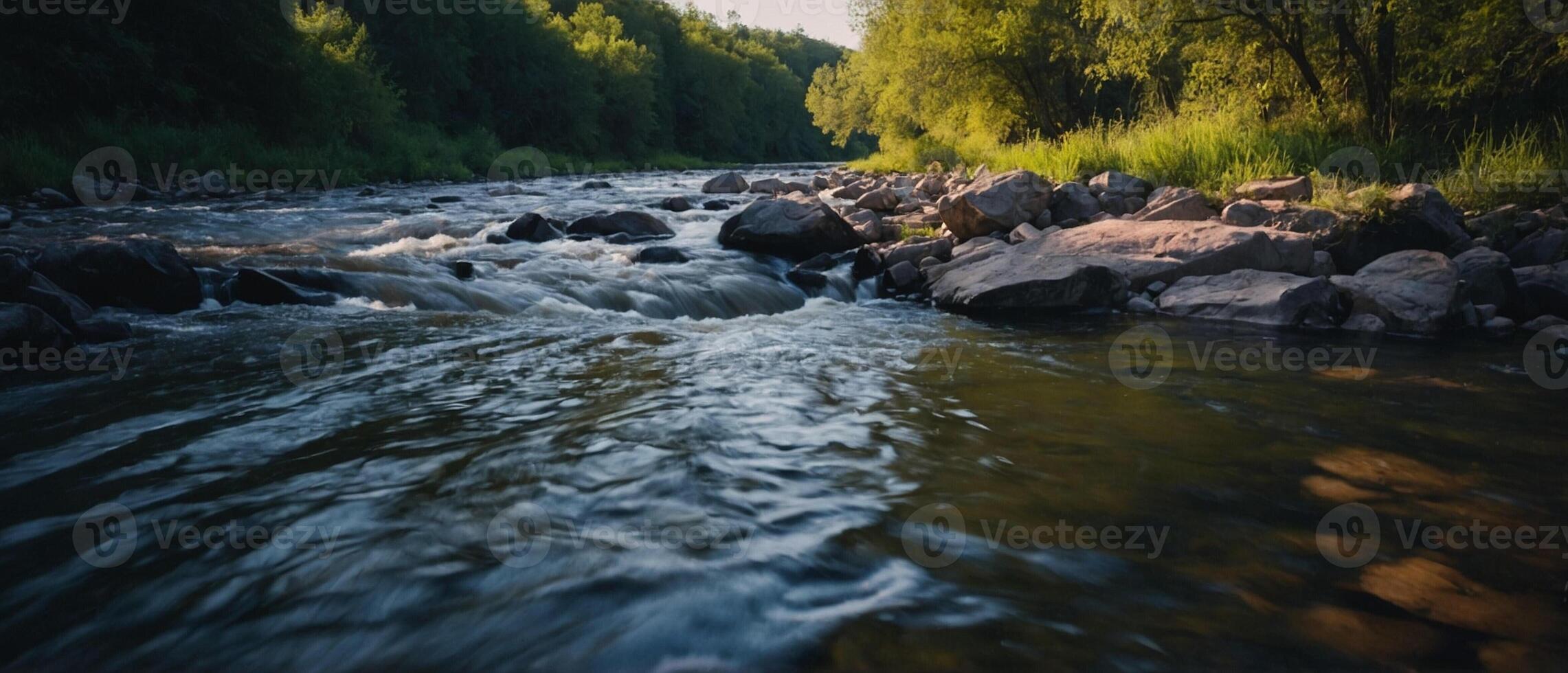 A river flowing through a forest with rocks and trees photo