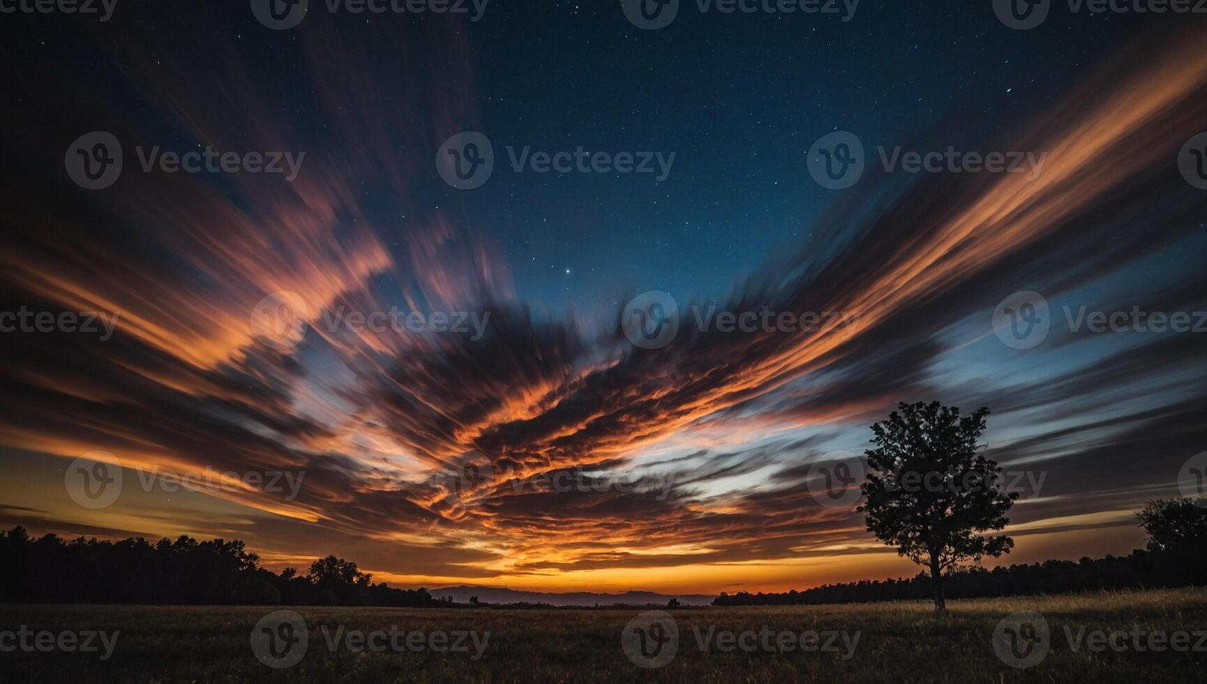 A long exposure photograph of a tree in a field at sunset photo