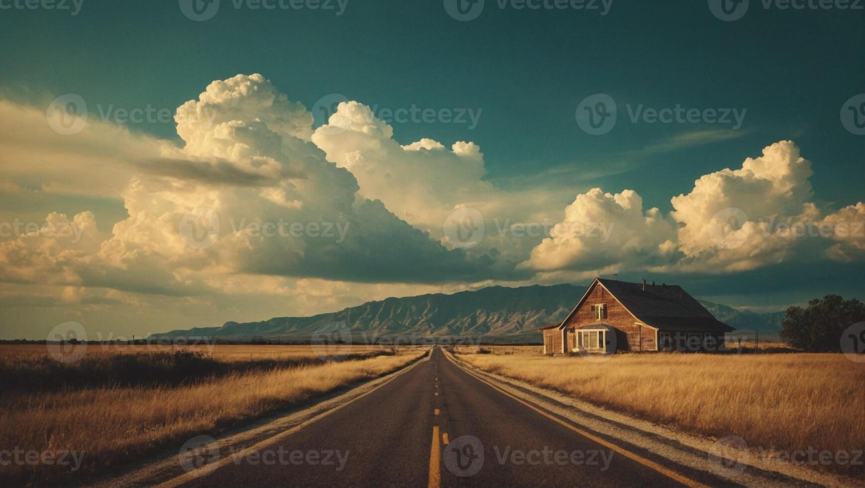 A deserted road in the middle of nowhere with a house in the distance photo