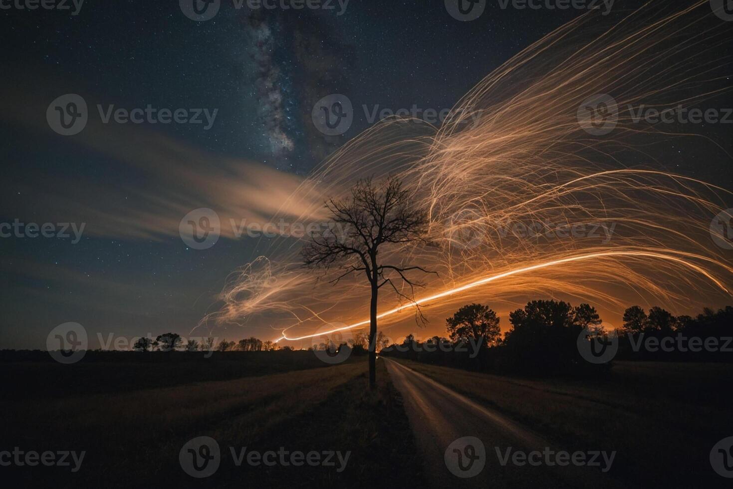 A long exposure photograph of a tree and a road photo