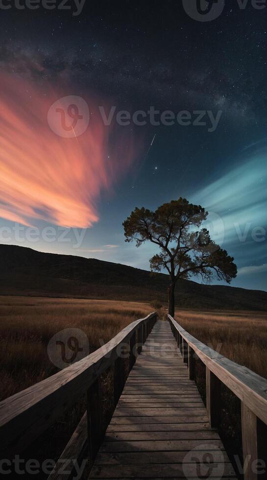A wooden walkway leads to a tree in the middle of a field photo