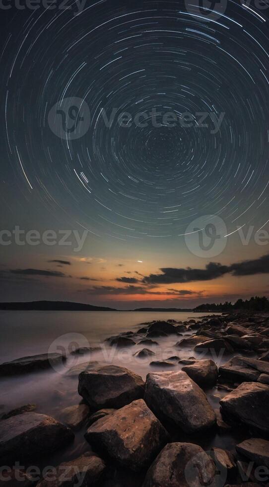 Star trails over the ocean at night photo