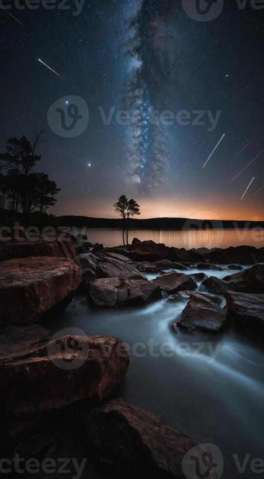 The milky way over the lake with rocks and trees photo