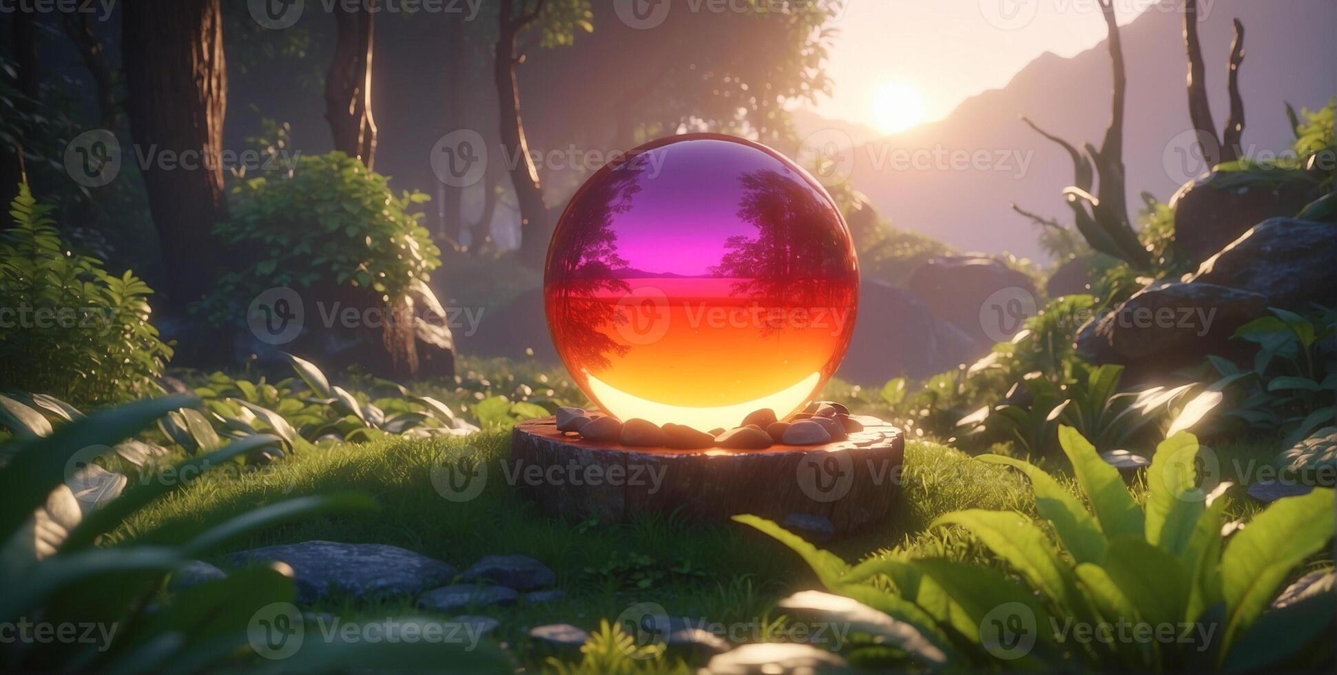 A colorful egg sitting in the middle of a forest photo