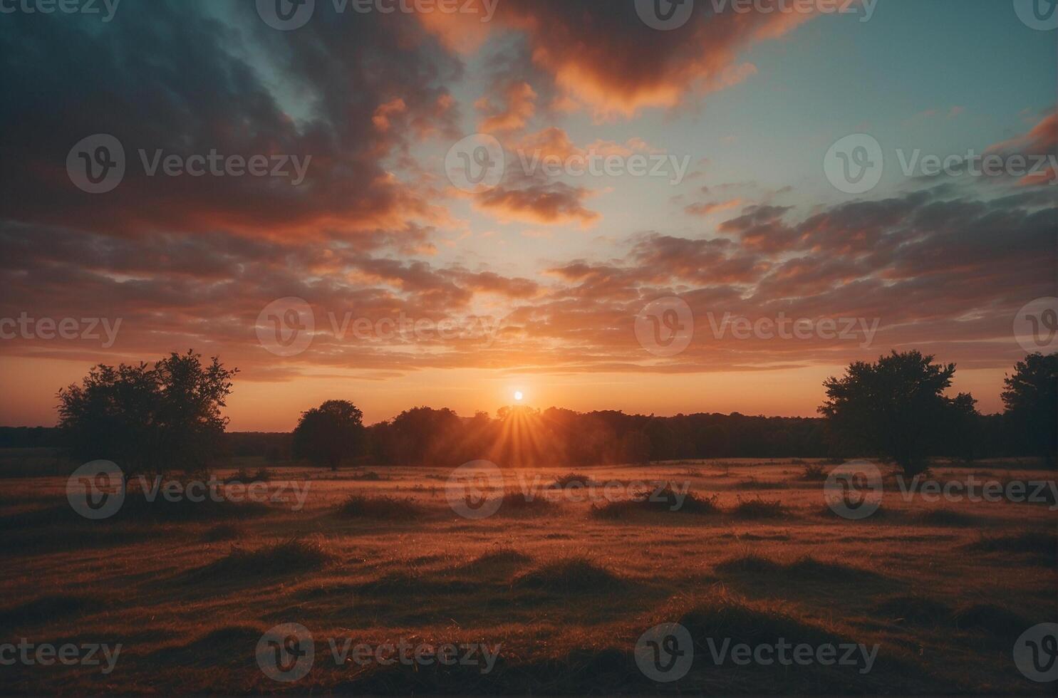 A sunset over a field with grass and trees photo