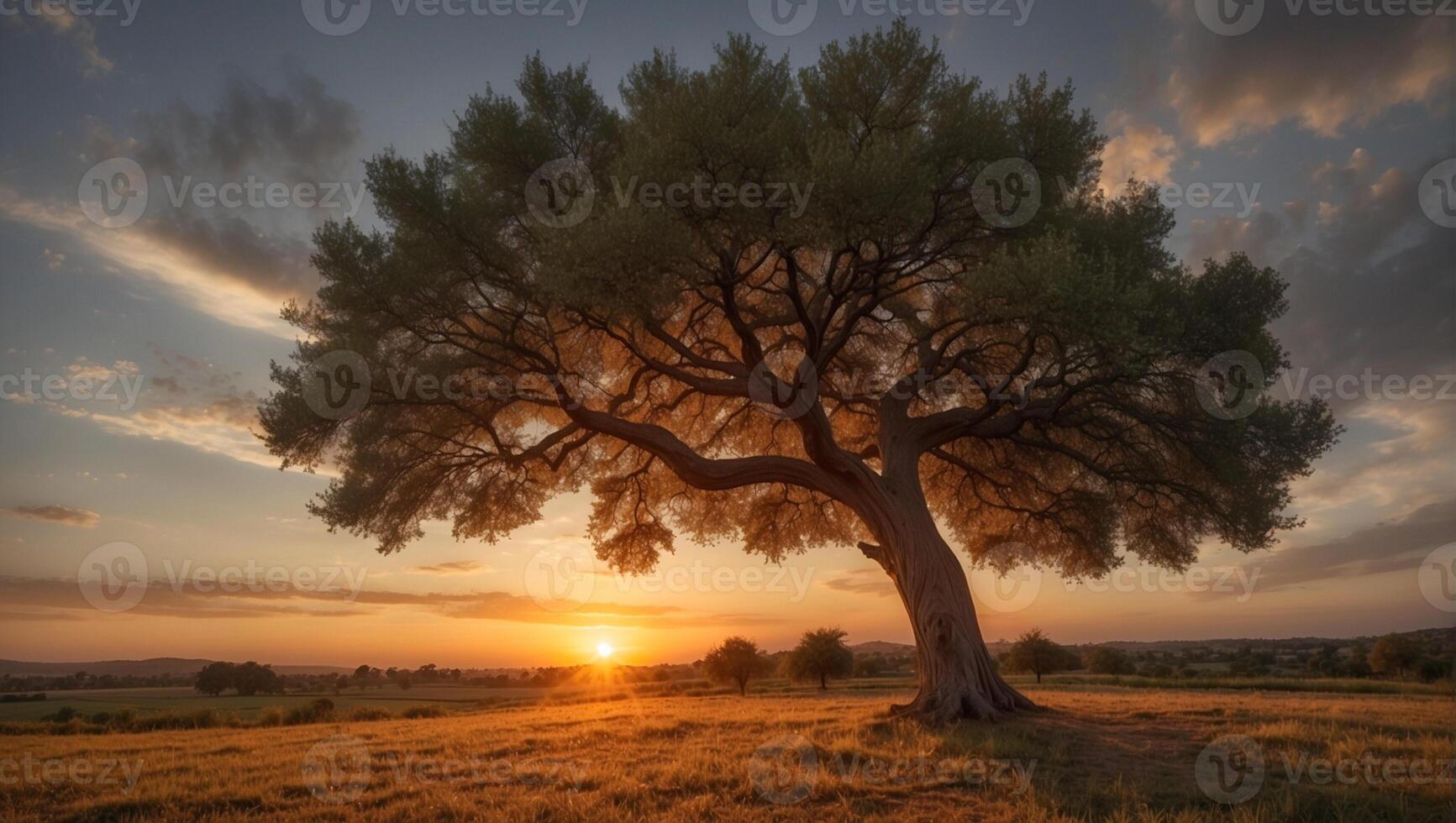 A tree stands in the middle of a field at sunset photo