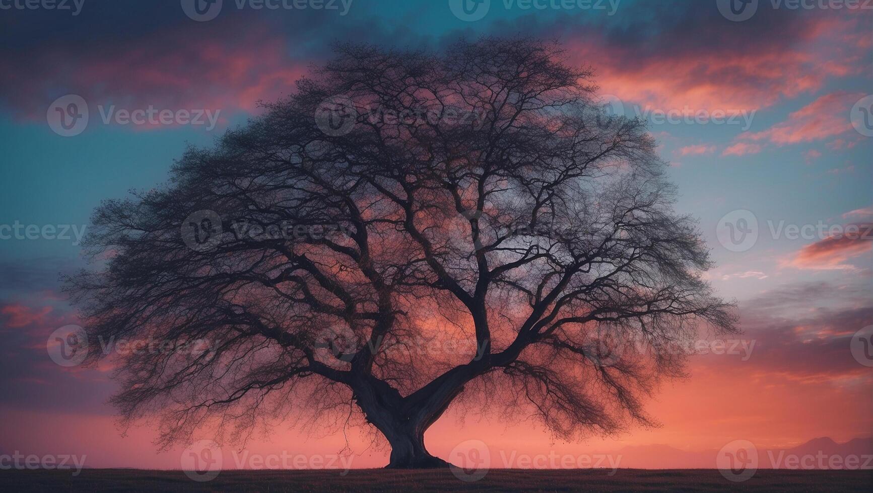 A tree stands alone in front of a sunset photo