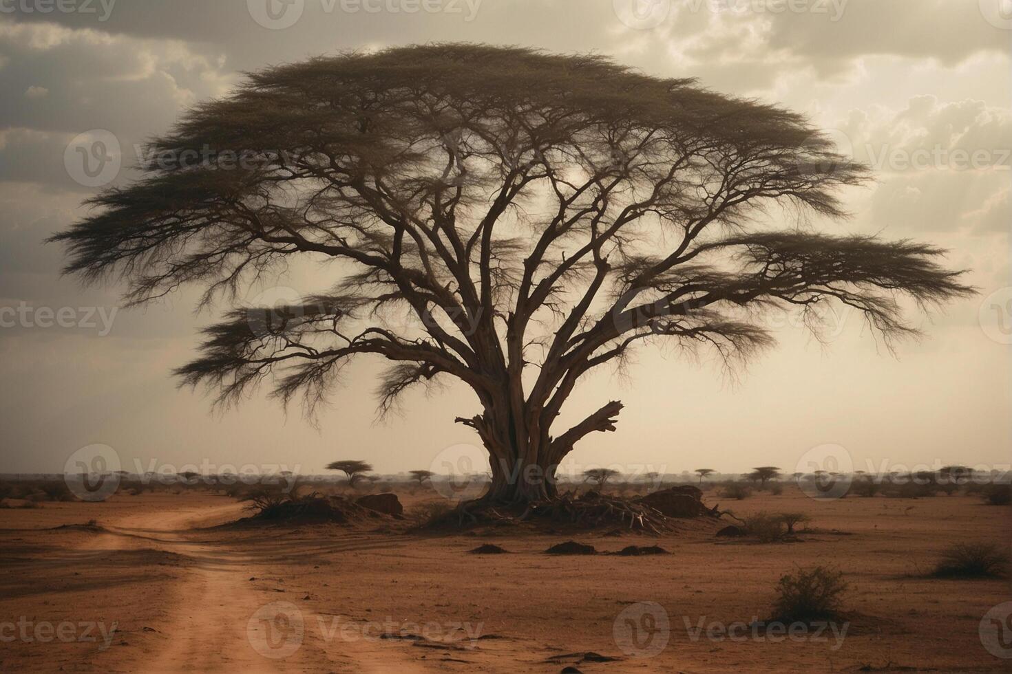 A lone tree stands in the middle of a desert photo