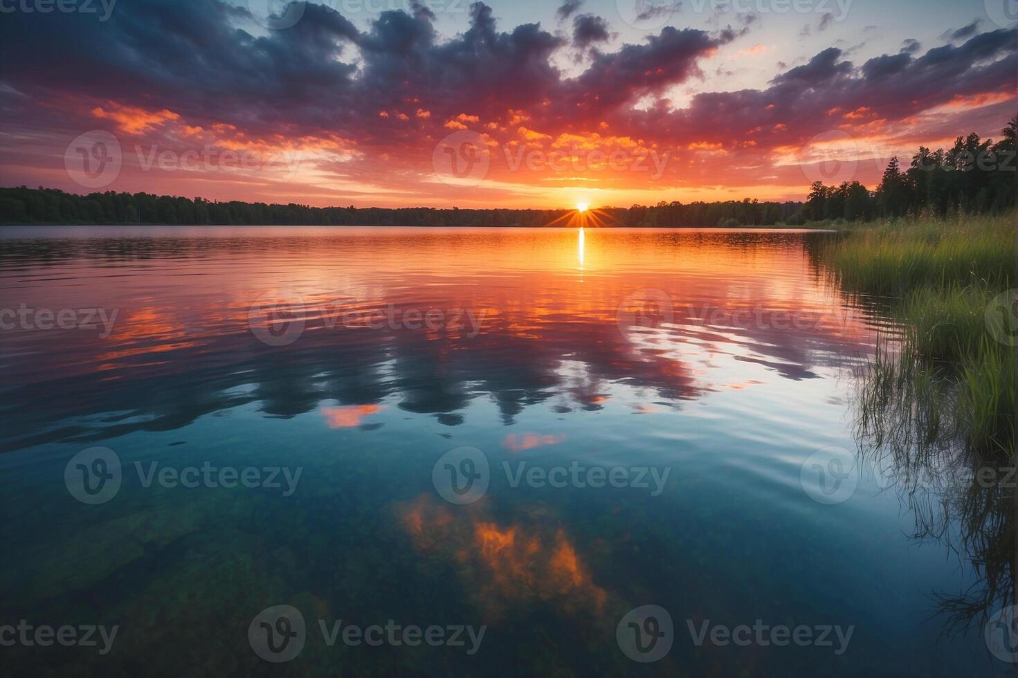 A beautiful sunset over a lake with water and grass photo