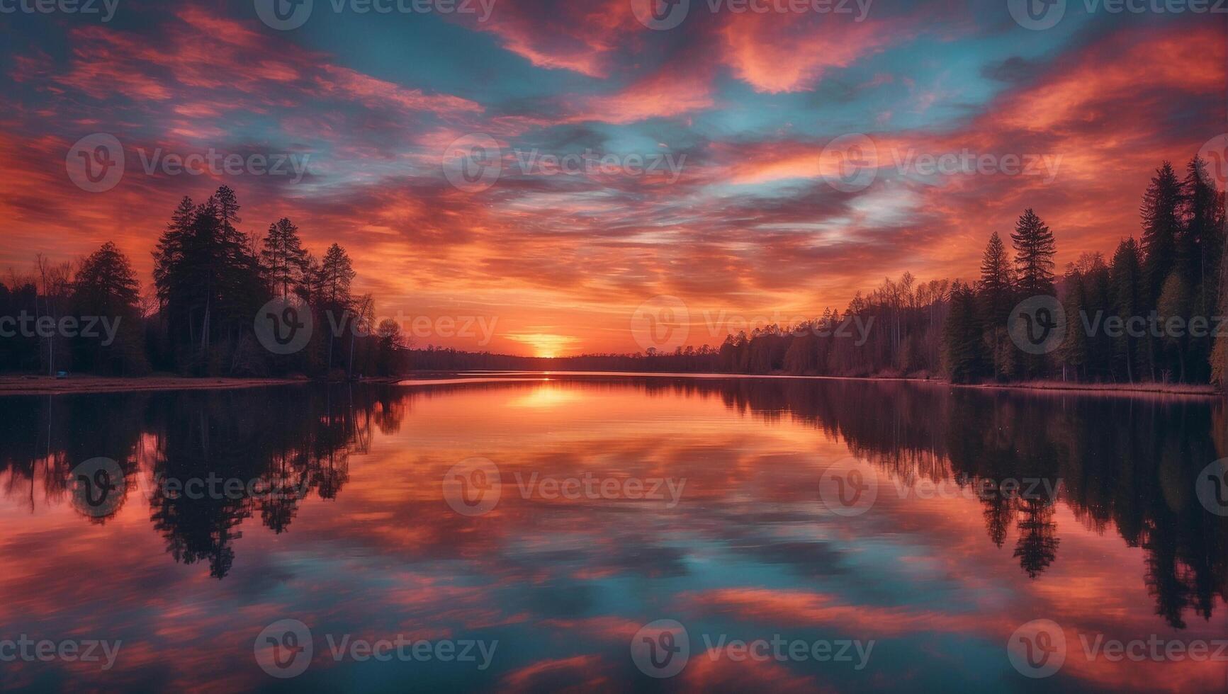 A beautiful sunset over a lake with trees photo