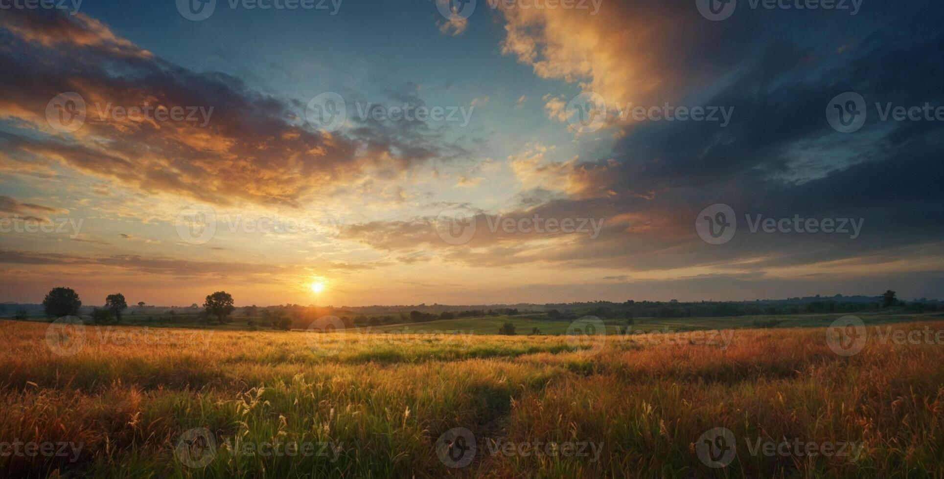 A beautiful sunset over a field with grass and trees photo