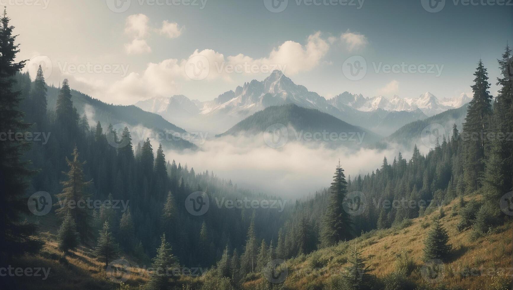 A mountain range with trees and fog photo