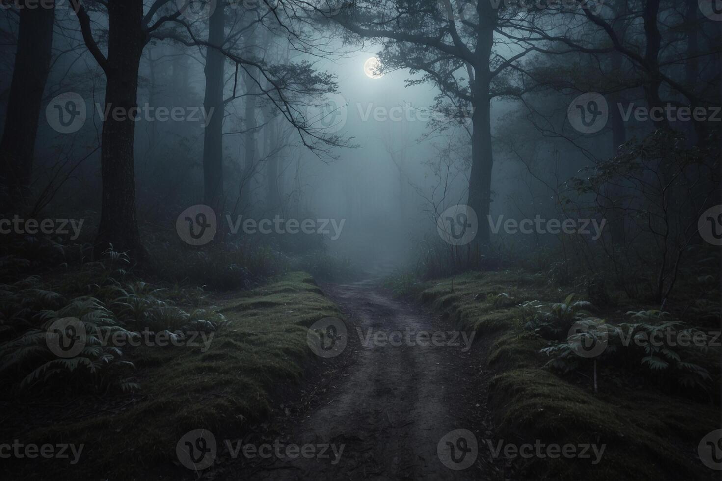 A path through the woods with a full moon photo