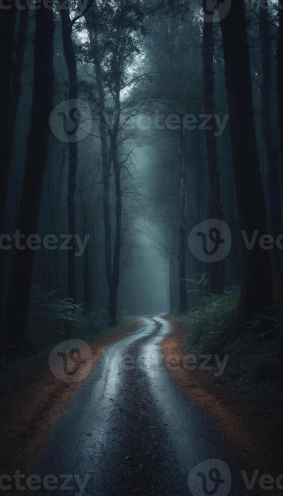 A dark road in the middle of a forest photo