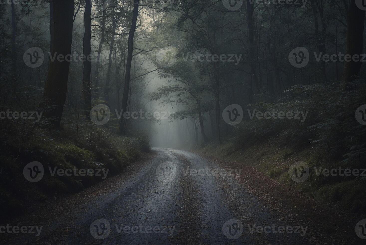 A dark road in the woods with fog photo