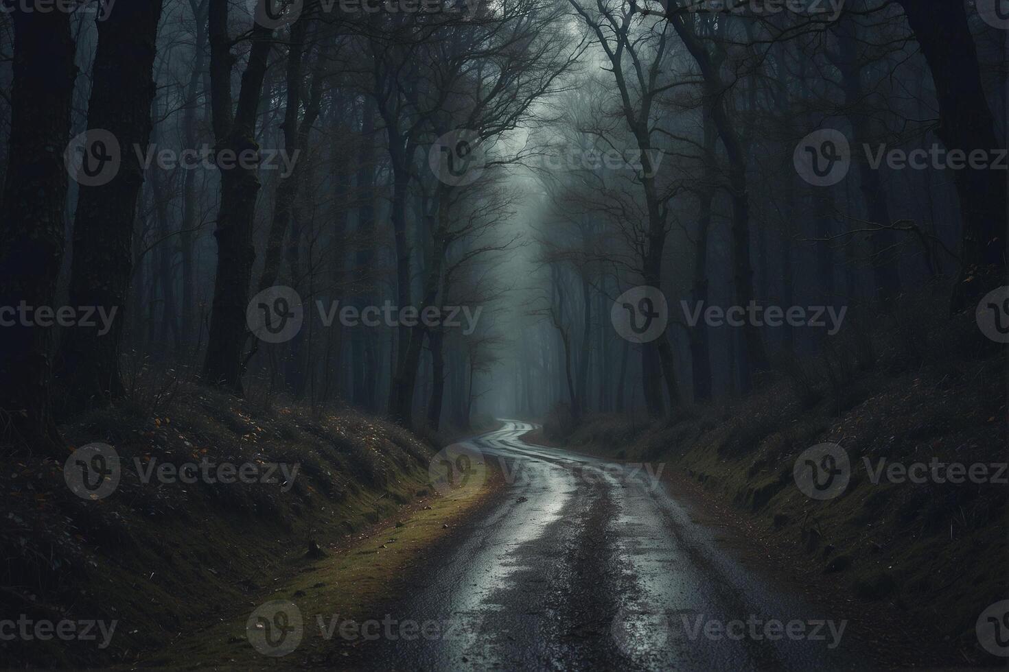 A dark road in the middle of a forest photo