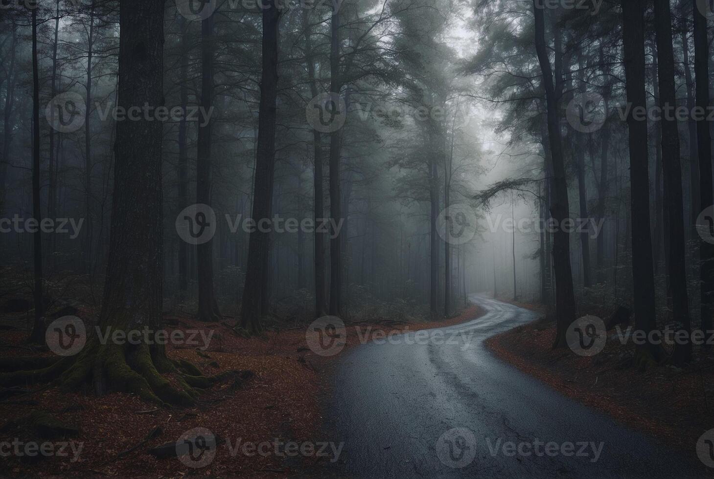 A dark road in the middle of a forest photo