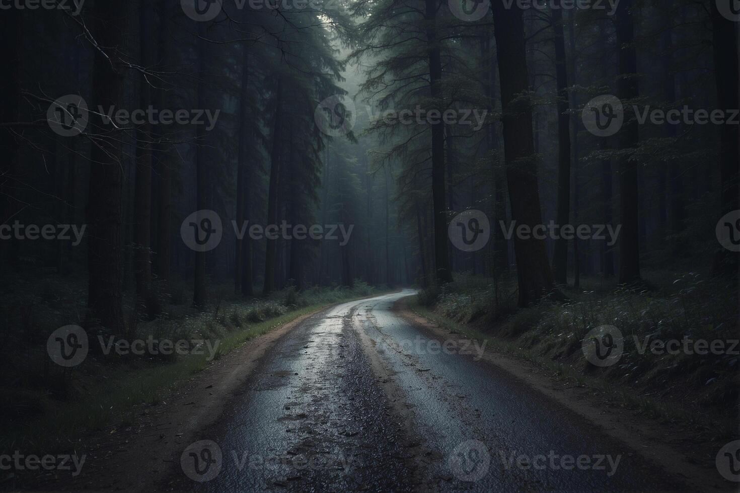 A dark road in the middle of a forest photo