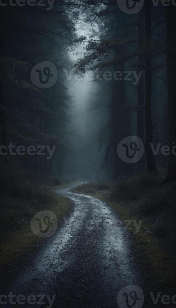 A dark road in the middle of a forest photo